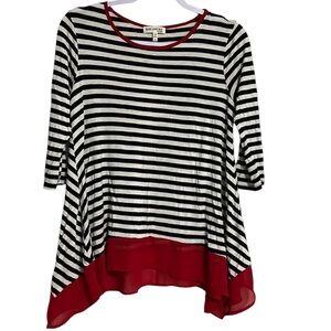 Faith and Joy Women’s Striped Black White Red Blouse Top Size Small